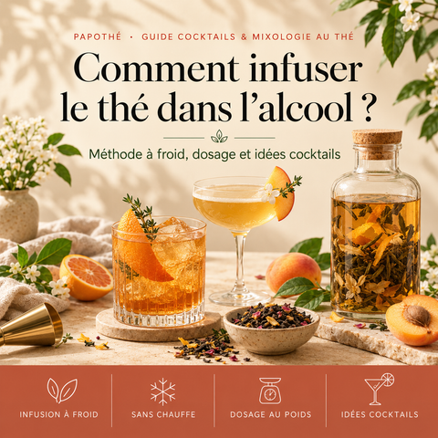 Infusion à froid de thé dans l'alcool : bouteille de spiritueux infusé au thé, thé en vrac et cocktails glacés aux agrumes – Papothé