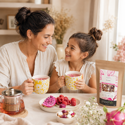 Une mère et sa fille partagent une infusion fruitée rose à la pitaya Papothé