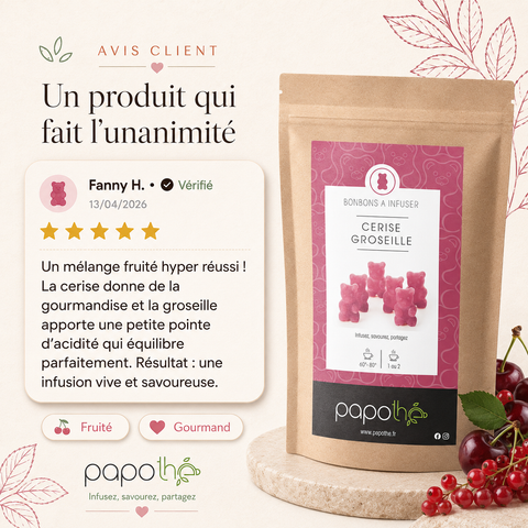 Avis client et photo des bonbons à infuser Cerise Groseille – Papothé (Papo'Thé)