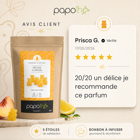 Avis client et photo des bonbons à infuser Pêche Citron – Papothé (Papo'Thé)