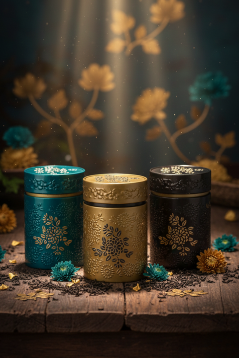 Boîte à thé hermétique Yumiko 150g – 3 coloris bleue dorée et marron, motif floral japonais Washi, rangement thé en métal
