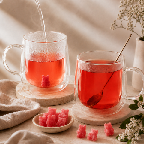 Bonbon à infuser rose dans une tasse en verre, infusion fruitée rouge, ambiance tea time – Papothé (Papo'Thé)