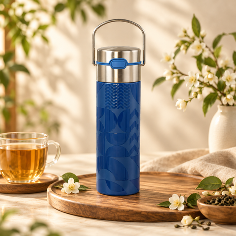 Bouteille isotherme avec infuseur Leeza Geo Blue 500 ml – Thermos thé nomade avec filtre inox
