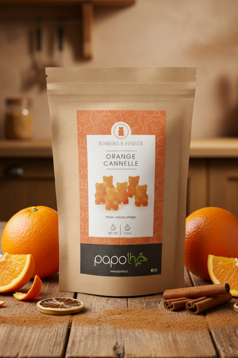 Gros plan sur les bonbons à infuser Orange Cannelle – Papothé (Papo'Thé)