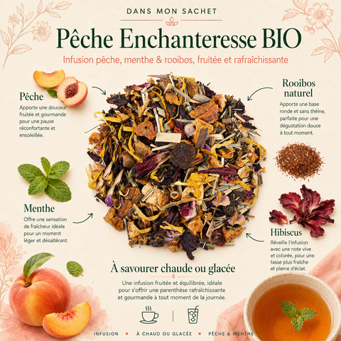 Infusion Bio Pêche Enchanteresse Papothé avec pêche, menthe, rooibos et hibiscus, idéale chaude ou glacée pour une pause fruitée, fraîche et gourmande sans soda.