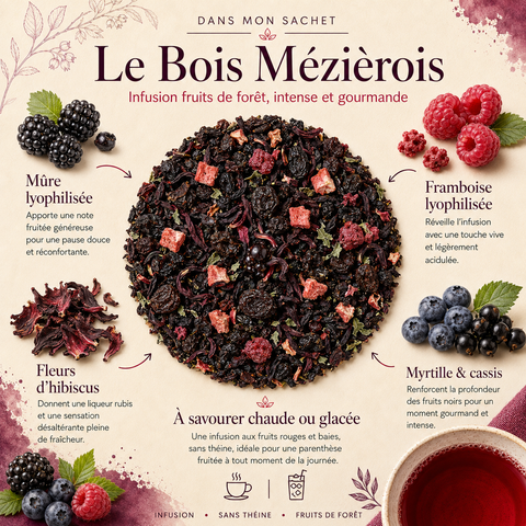 Vous cherchez une boisson fruitée sans théine à savourer chaude ou glacée ? L’infusion Le Bois Mézièrois Papothé associe fruits rouges, baies noires et hibiscus pour une pause gourmande et rafraîchissante.