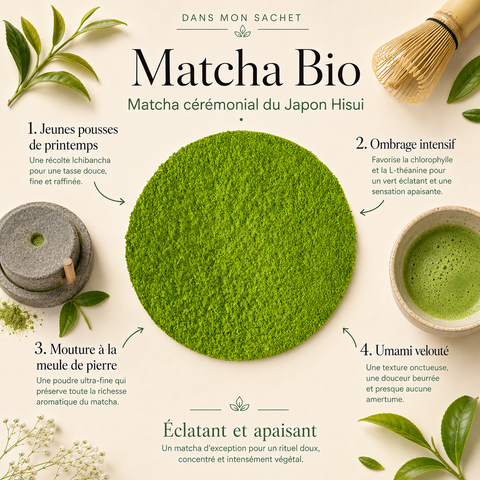 Coffret Rituel Hisui – Matcha de cérémonie, fouet chasen bambou, cuillère chashaku et repose-fouet céramique noire Papothé