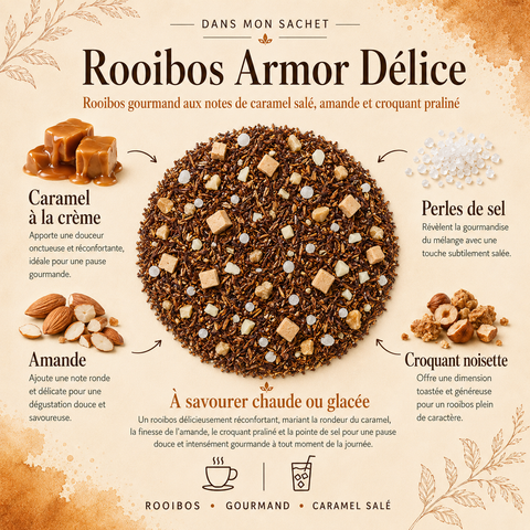 Infographie Dans mon sachet Rooibos Armor Délice Papothé, un rooibos gourmand au caramel salé, amande, croquant noisette et perles de sel, idéal pour une pause réconfortante chaude ou glacée.