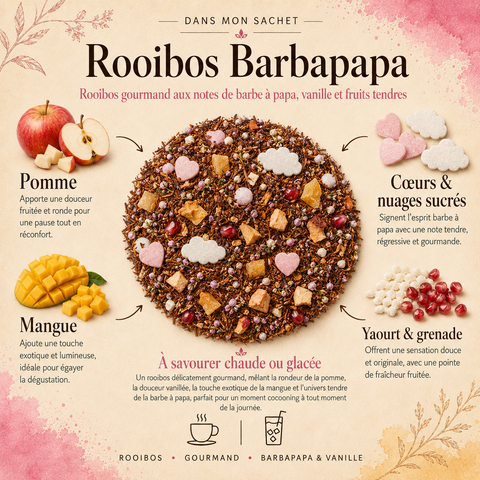 Visuel Dans mon sachet du Rooibos Barbapapa Papothé, une infusion gourmande à la pomme, mangue, vanille, cœurs sucrés et grenade, idéale pour une pause réconfortante chaude ou glacée.