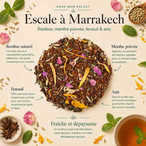Rooibos Escale à Marrakech Papothé avec menthe poivrée, fenouil, anis, rose et souci, une infusion sans théine fraîche et dépaysante idéale pour une pause légère après le repas.