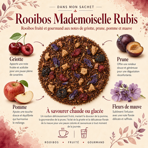 Image Dans mon sachet du Rooibos Mademoiselle Rubis Papothé, un rooibos fruité à la griotte, prune, pomme et fleurs de mauve, parfait pour une pause gourmande chaude ou glacée.
