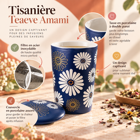 Tisanière Teaeve Amani en porcelaine double paroi avec filtre micro-perforé en acier inoxydable et couvercle assorti - Papothé