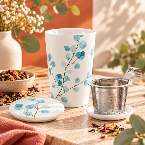 Tisanière Teaeve Eucalyptus en porcelaine avec filtre à thé en acier inoxydable et couvercle assorti - Papothé