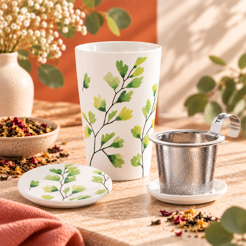 Tisanière TEAEVE Trees – Mug à Thé Double Paroi avec Filtre Inox et Couvercle en Porcelaine